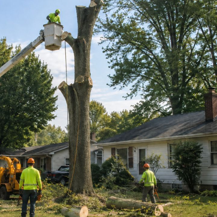 Tree removal crew taking apart a large tree beside a home in a Galena, Indiana neighborhood.