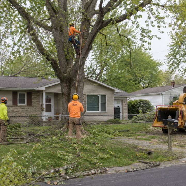 Tree trimming crew pruning a large residential tree in a Clarksville, Indiana neighborhood.