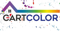 Logo CARTCOLOR colorato con un tetto arcobaleno, schizzi di vernice e testo grigio/nero su sfondo bianco.