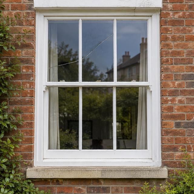 Sash window with one pane cracked across