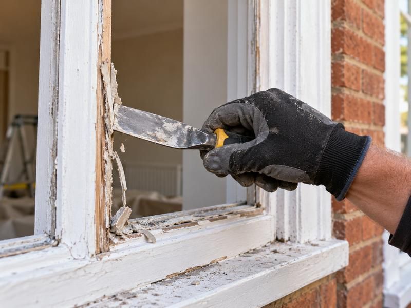 Gloved hand chiselling old putty out of a wooden window frame