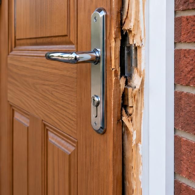 Door and frame splintered around a forced lock
