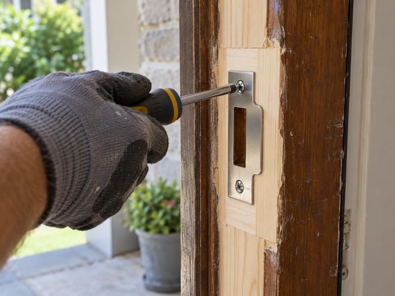 New strike plate being screwed into a repaired door frame