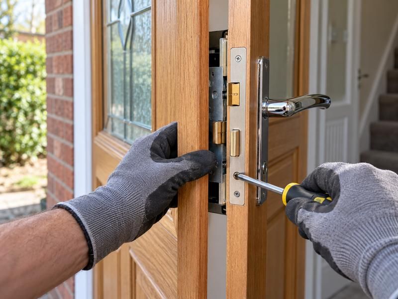 Gloved hands fitting a new lock into the edge of a wooden door