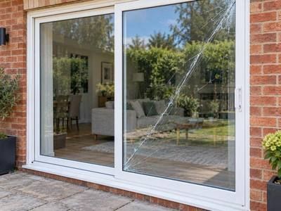 Sliding patio door with one large pane cracked from corner to corner