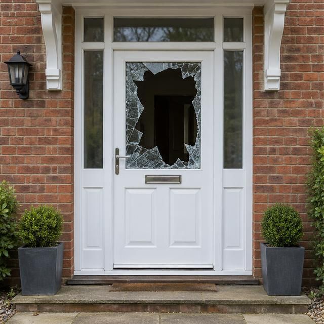Front door with its glass panel smashed