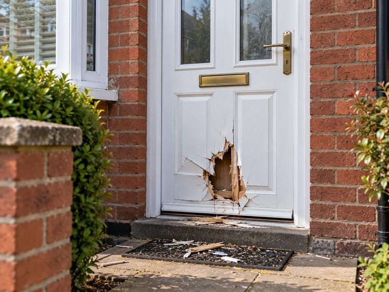 White front door with its lower panel kicked in