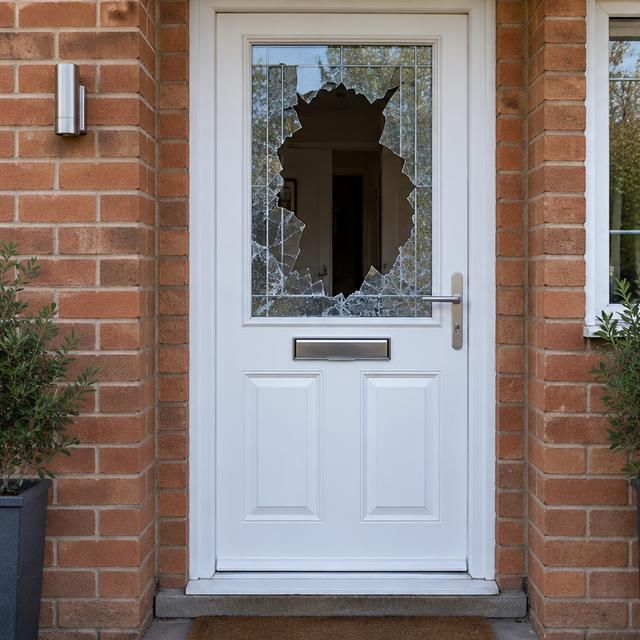 Front door with its glass panel smashed