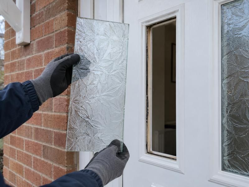 Gloved hands holding a panel of patterned obscure glass beside a door