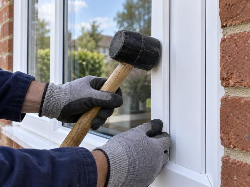 Glazier tapping a glazing bead into a window frame with a rubber mallet