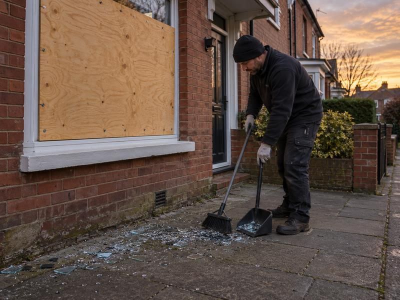 Worker sweeping broken glass from a pavement beneath a boarded window