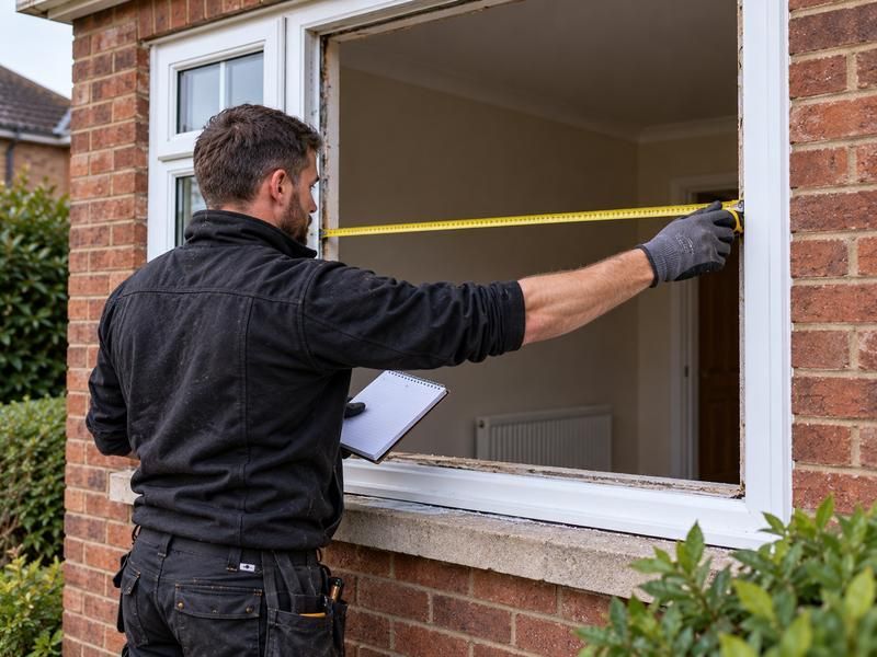 Glazier measuring an empty window opening with a tape measure