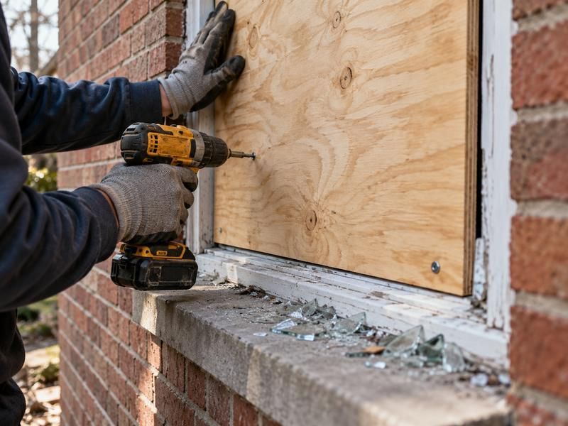 Gloved hands screwing a plywood board over a window frame