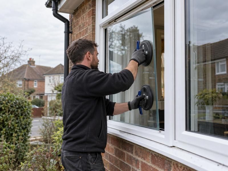 Glazier fitting a new glass pane with suction lifters