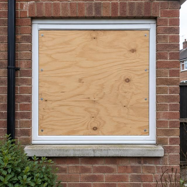 Window covered with a plywood board