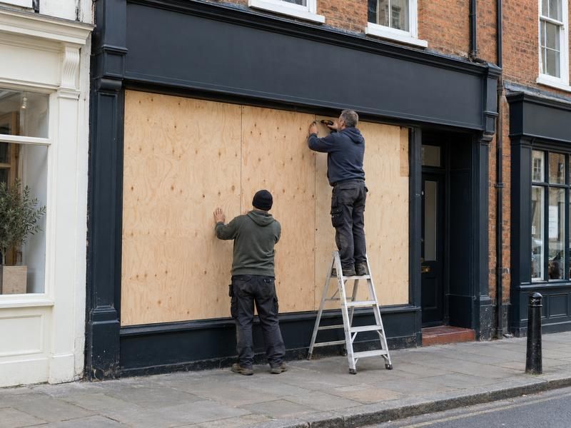 Two workers fitting plywood boards across a shopfront window