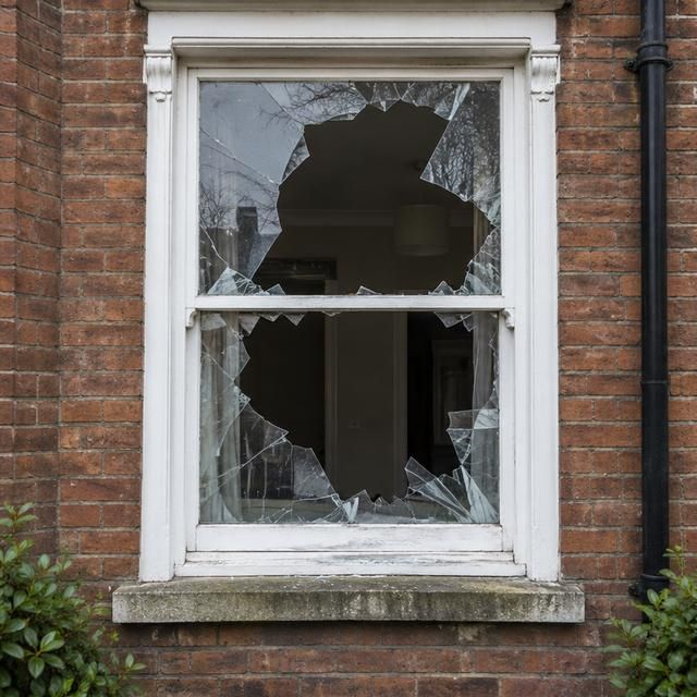 Sash window with smashed glass