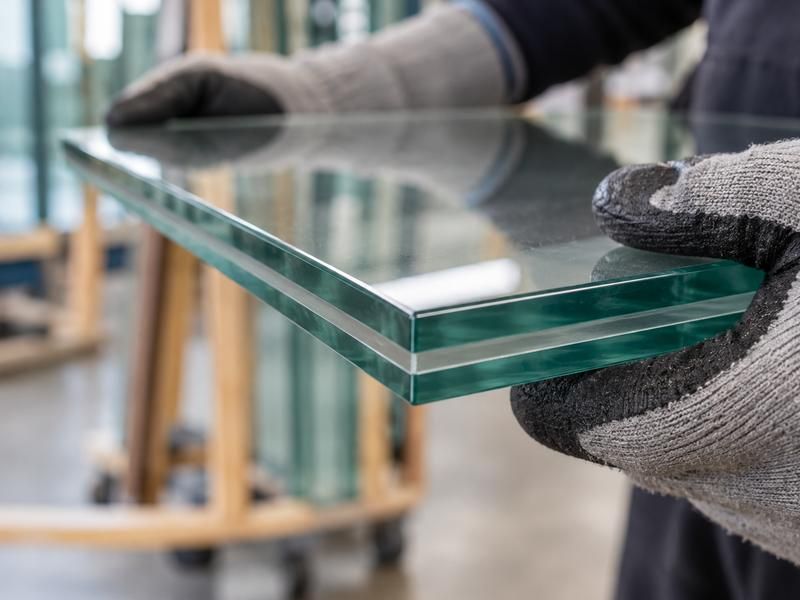 Edge of a laminated glass panel showing the layer between two sheets