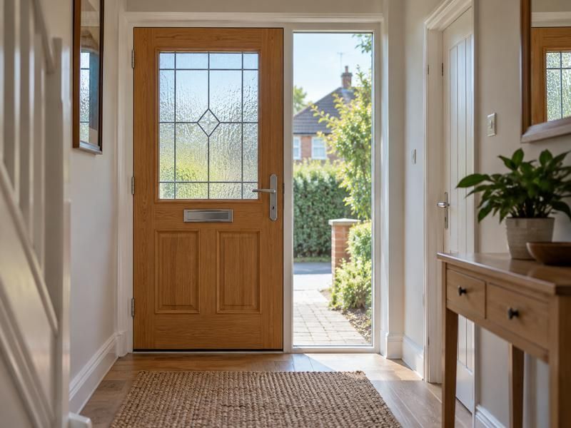 Hallway with a glazed front door and a full-height glass side panel