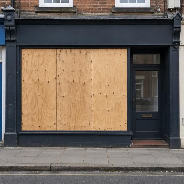 The same shopfront fully covered with boards