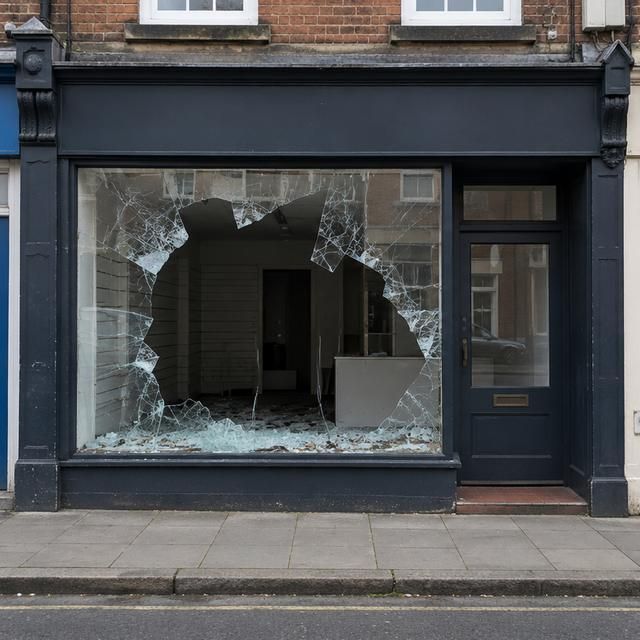 Shop with its front window shattered