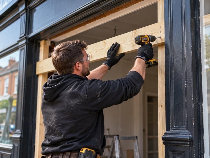 Worker fixing a timber batten across an empty shopfront opening