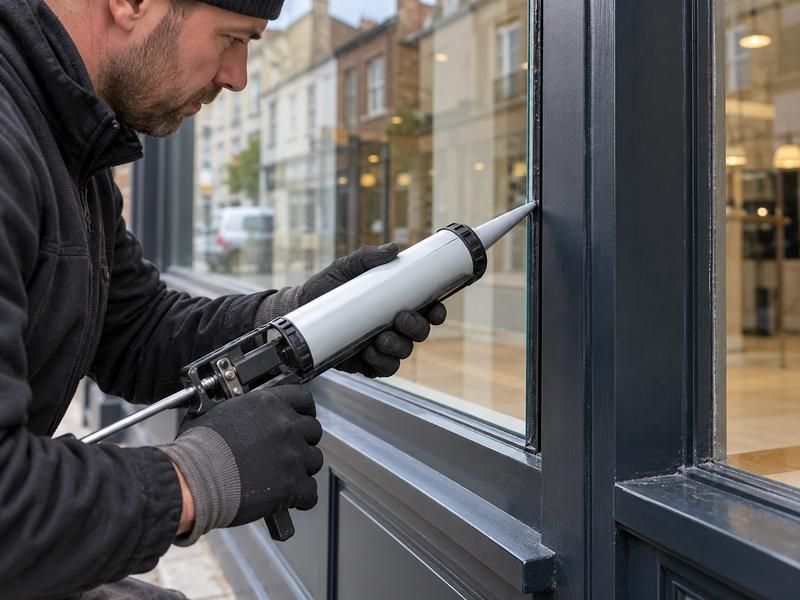 Glazier running sealant along the edge of a new shopfront pane