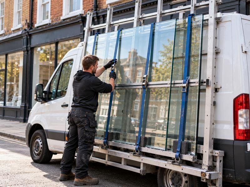 Glazier unstrapping large glass panes from a frame on the side of a van