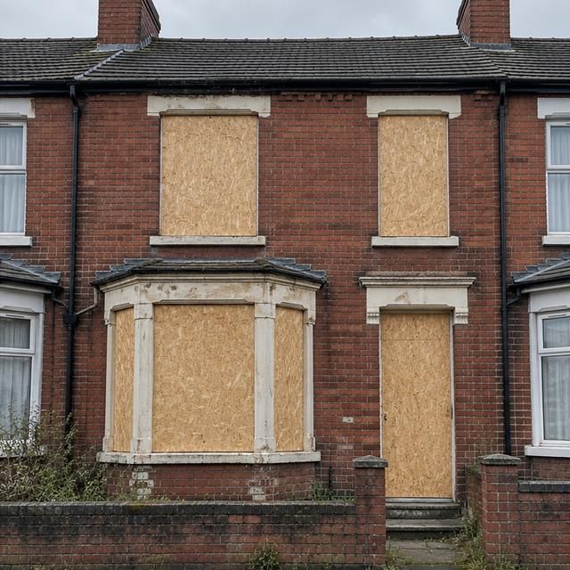 The same house with every window and the door boarded