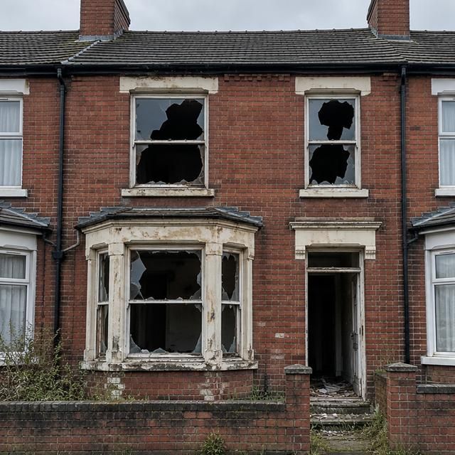 Empty terraced house with broken windows and an open doorway