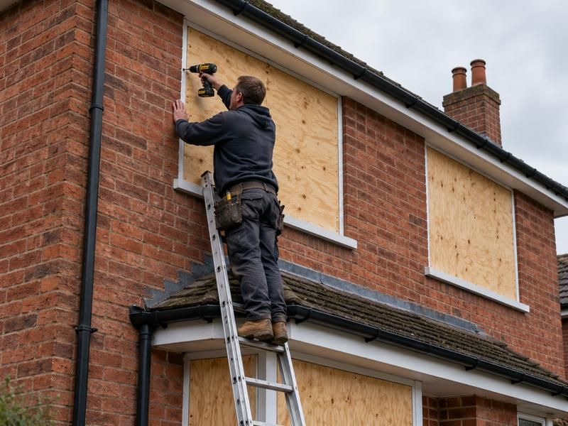 Worker on a ladder fixing a board over an upstairs window