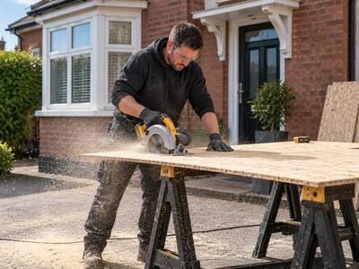 Worker cutting a sheet of board to size with a circular saw on trestles