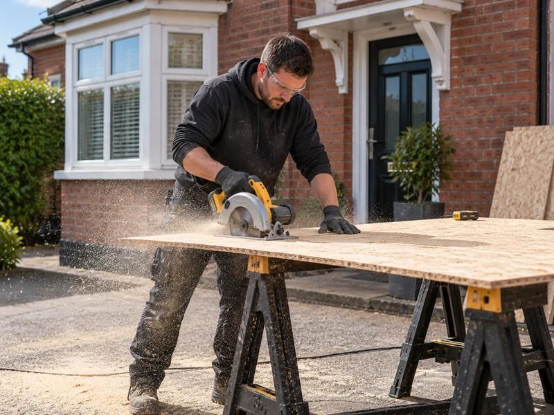Worker cutting a sheet of board to size with a circular saw on trestles