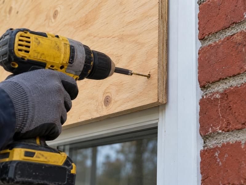 Gloved hand driving a screw through the corner of a board over a window frame