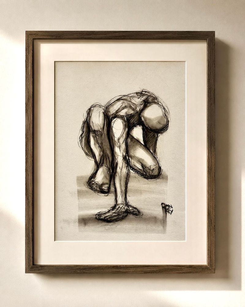 Ingelijste zwart-wit schets van een gehurkte figuur op een lichte muur.