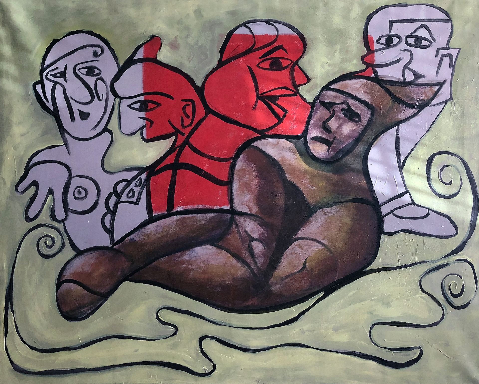 Abstract schilderij van een liggende figuur met opvallende rode en bruine vormen, omringd door geschetste gezichten op een beige achtergrond.
