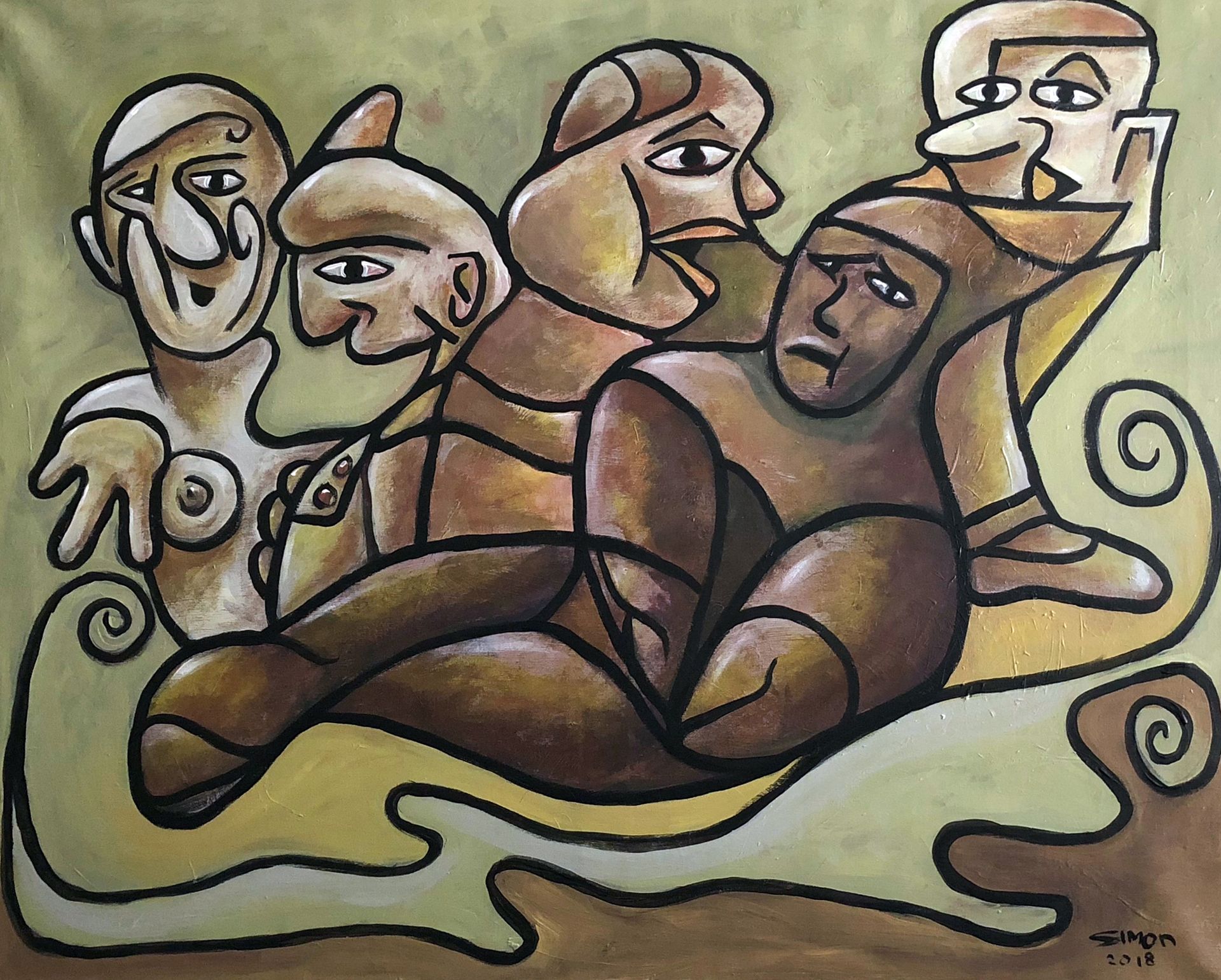 Abstract schilderij van vijf overlappende figuren in gedempte bruine, crèmekleurige en zwarte tinten, zittend tegen een lichtgekleurde achtergrond.