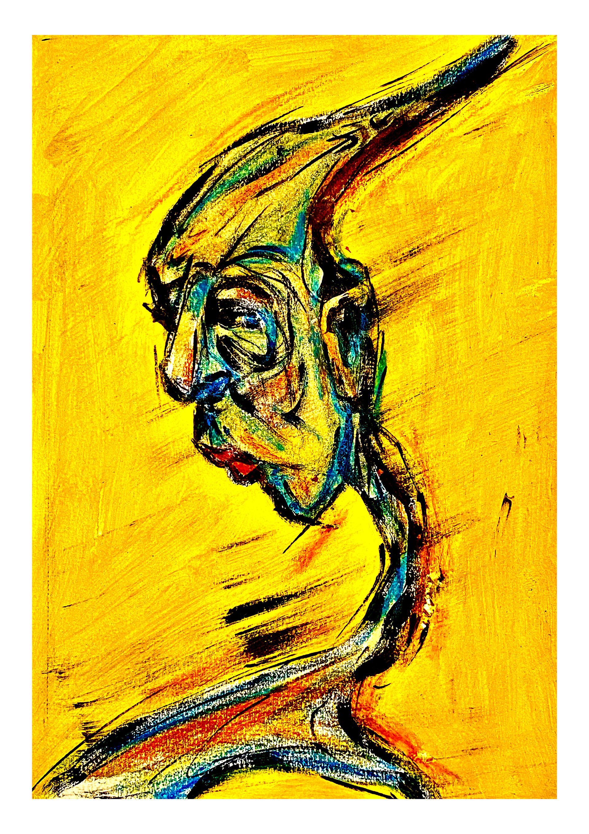 Abstract zijprofielportret in geel en zwart, met een lange nek en een sombere uitdrukking.