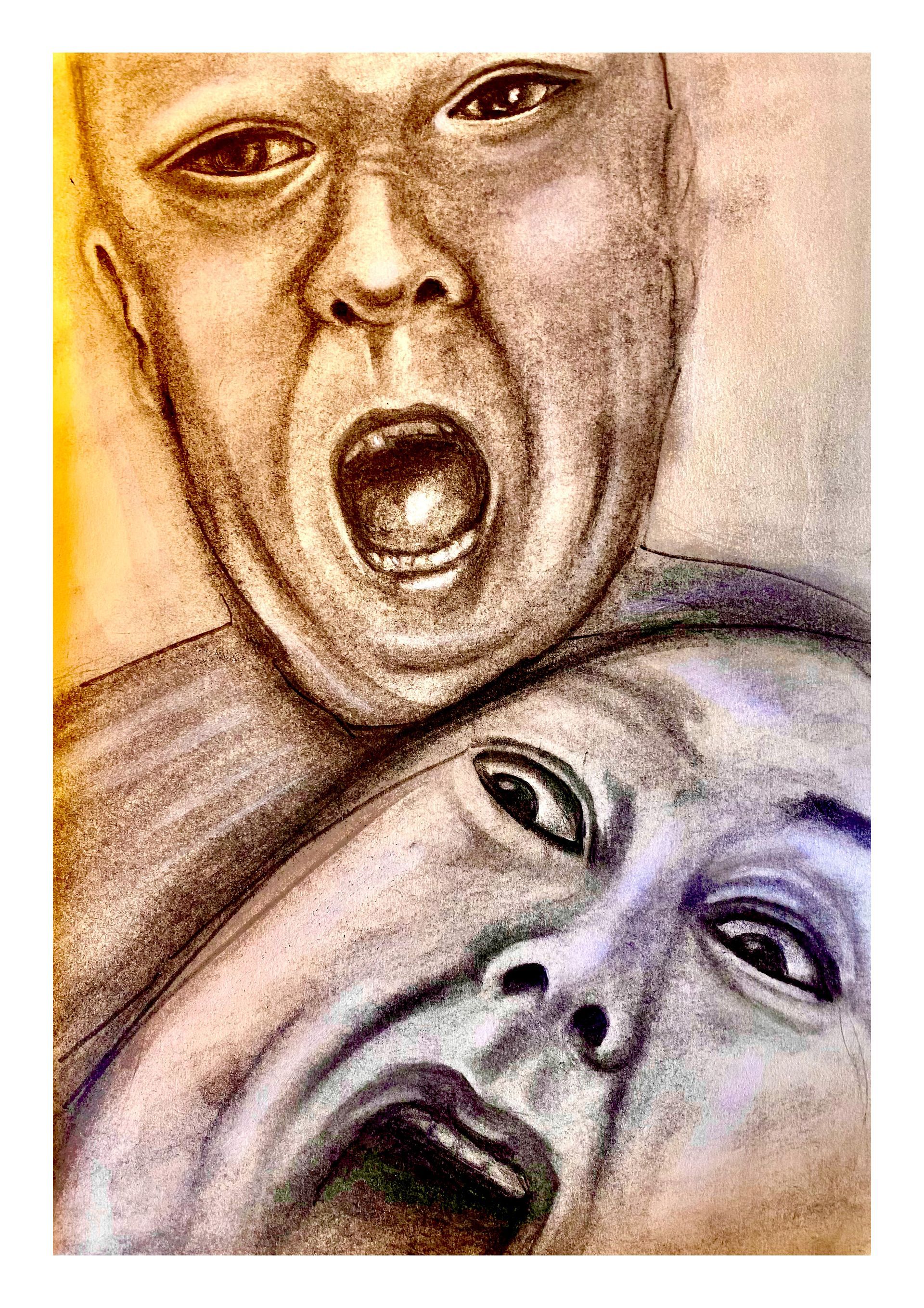 Twee expressieve gezichten, boven elkaar, beide met open monden in een dramatische, schreeuwende uitdrukking.