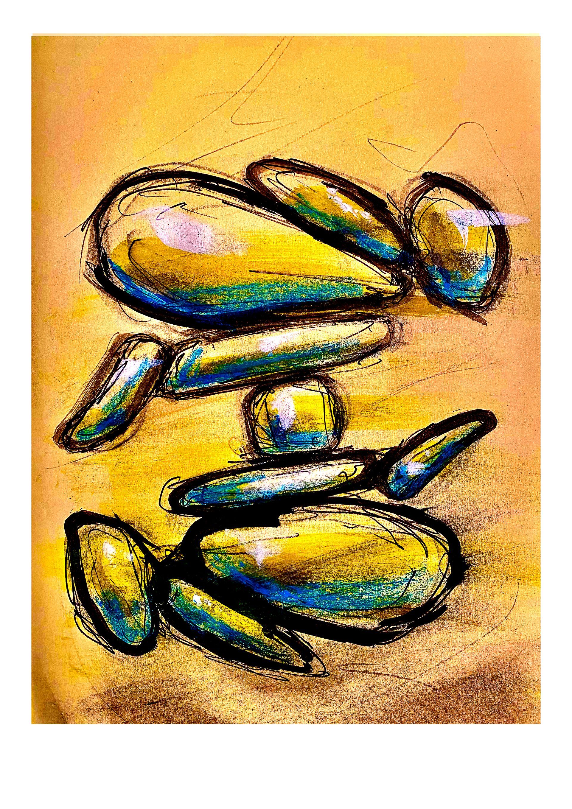 Abstract schilderij van drie kleurrijke figuren op een warme oranje achtergrond.