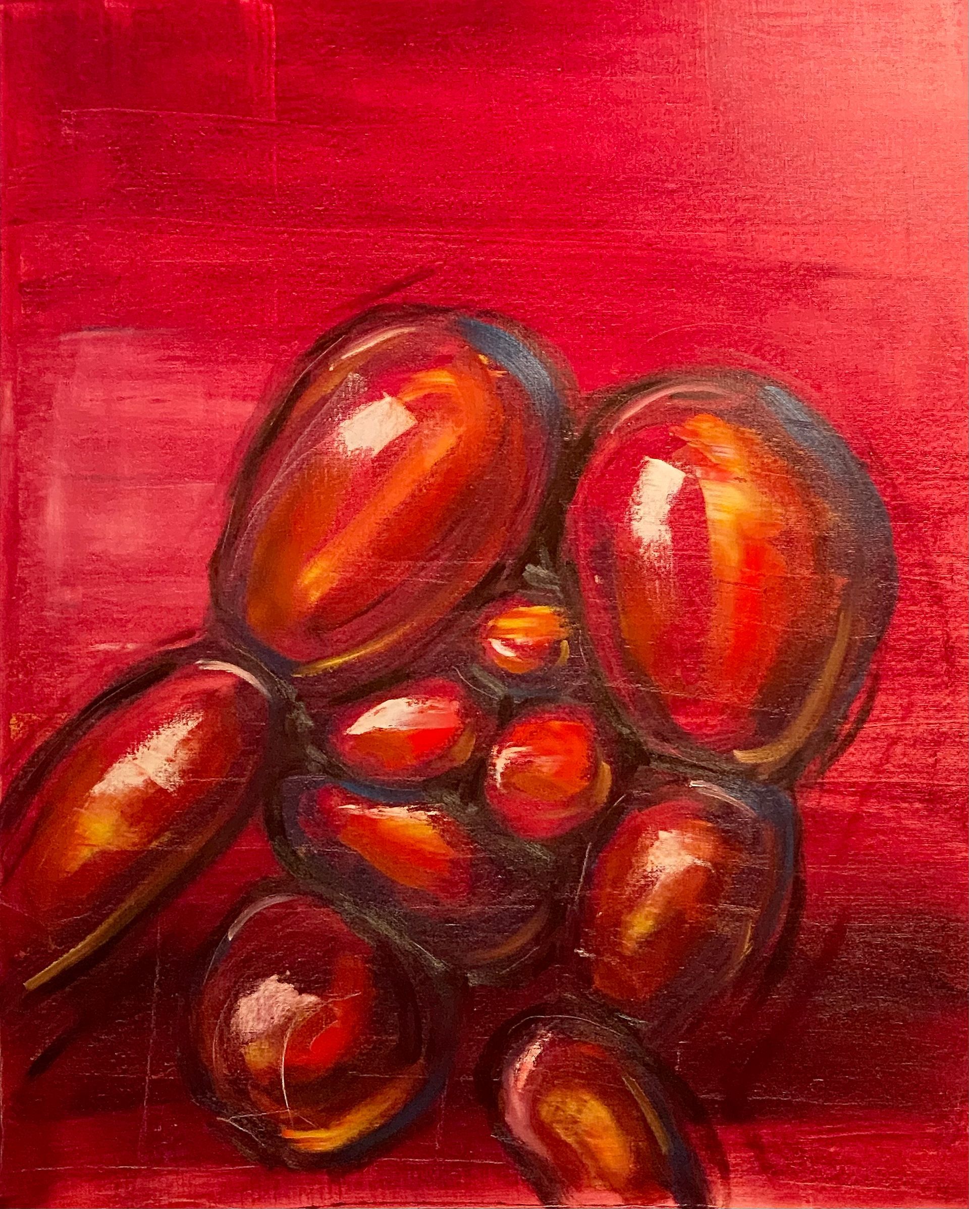 Abstracte rode schildering van glanzende oranje-bruine kiezels die op een dieprode achtergrond zijn samengeklonterd.