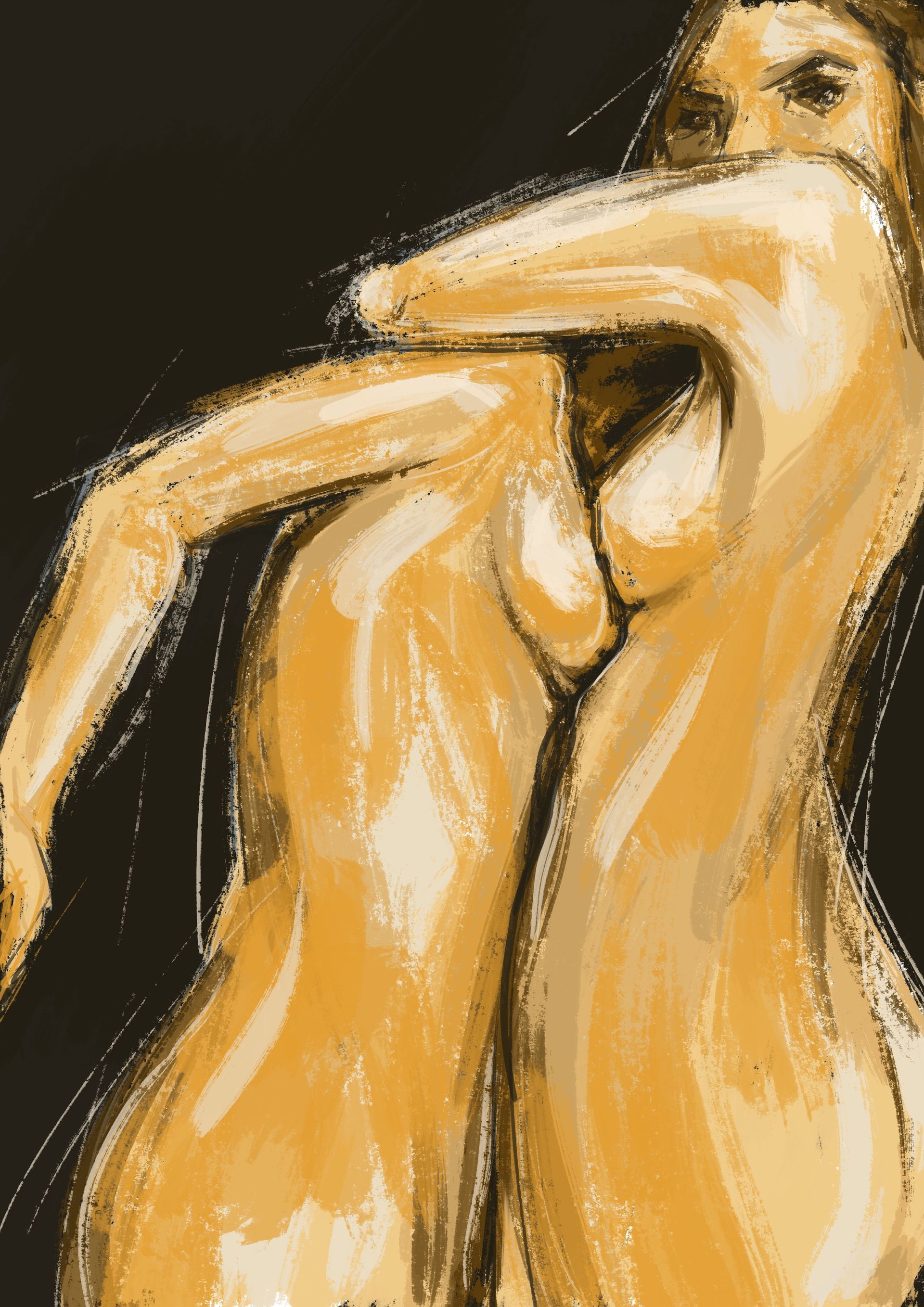 Abstracte, warmgetinte schildering van een naaktfiguur met opgeheven armen tegen een donkere achtergrond.