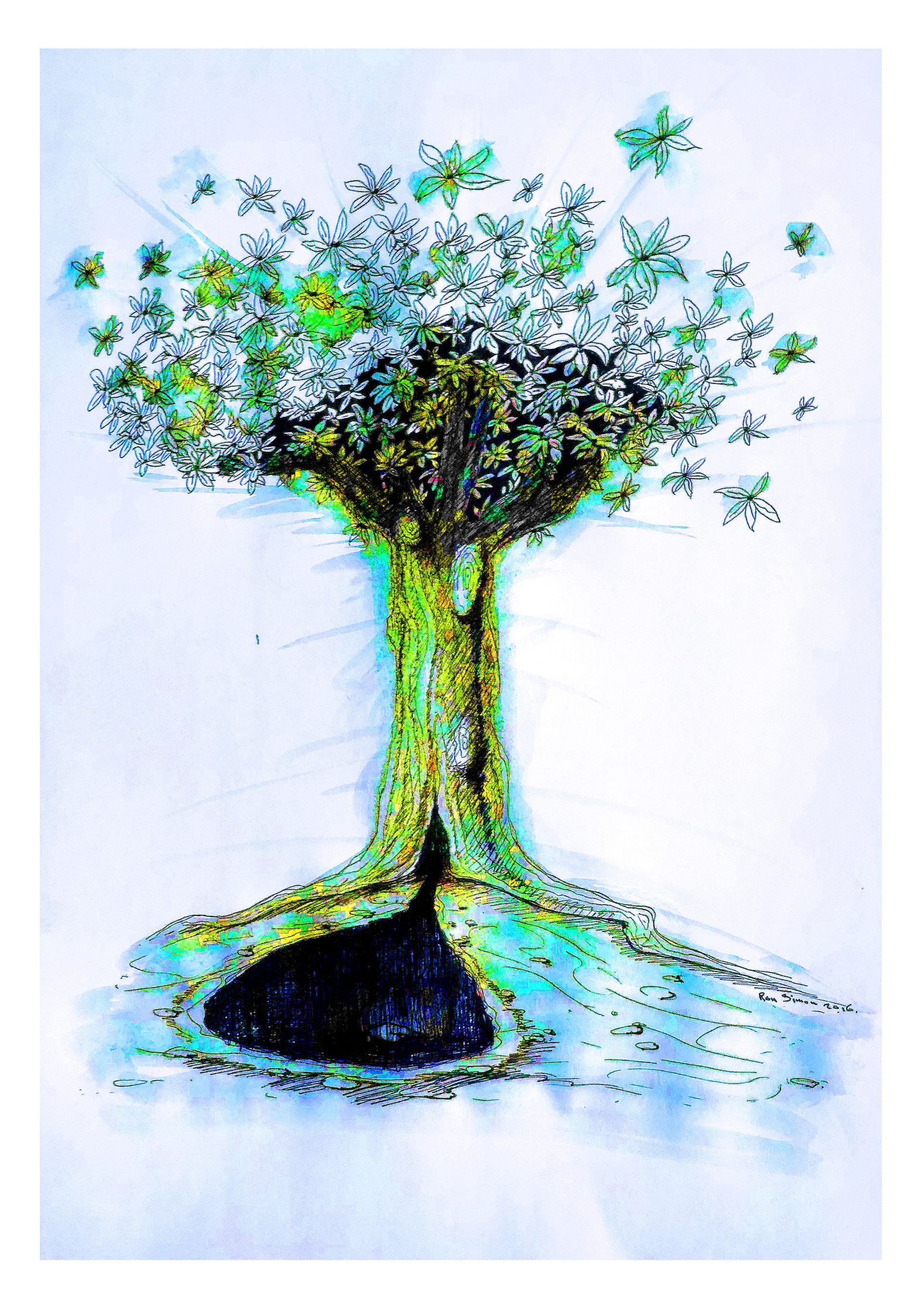 Kleurrijke abstracte boom met een felgroene stam en blauw, zwart en geel blad op een witte achtergrond.