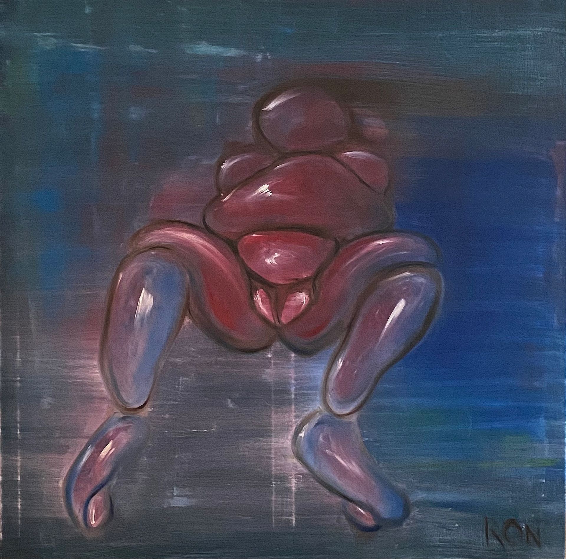 Abstract schilderij van een zittende figuur in roze en blauwe tinten tegen een donkerblauwe achtergrond.
