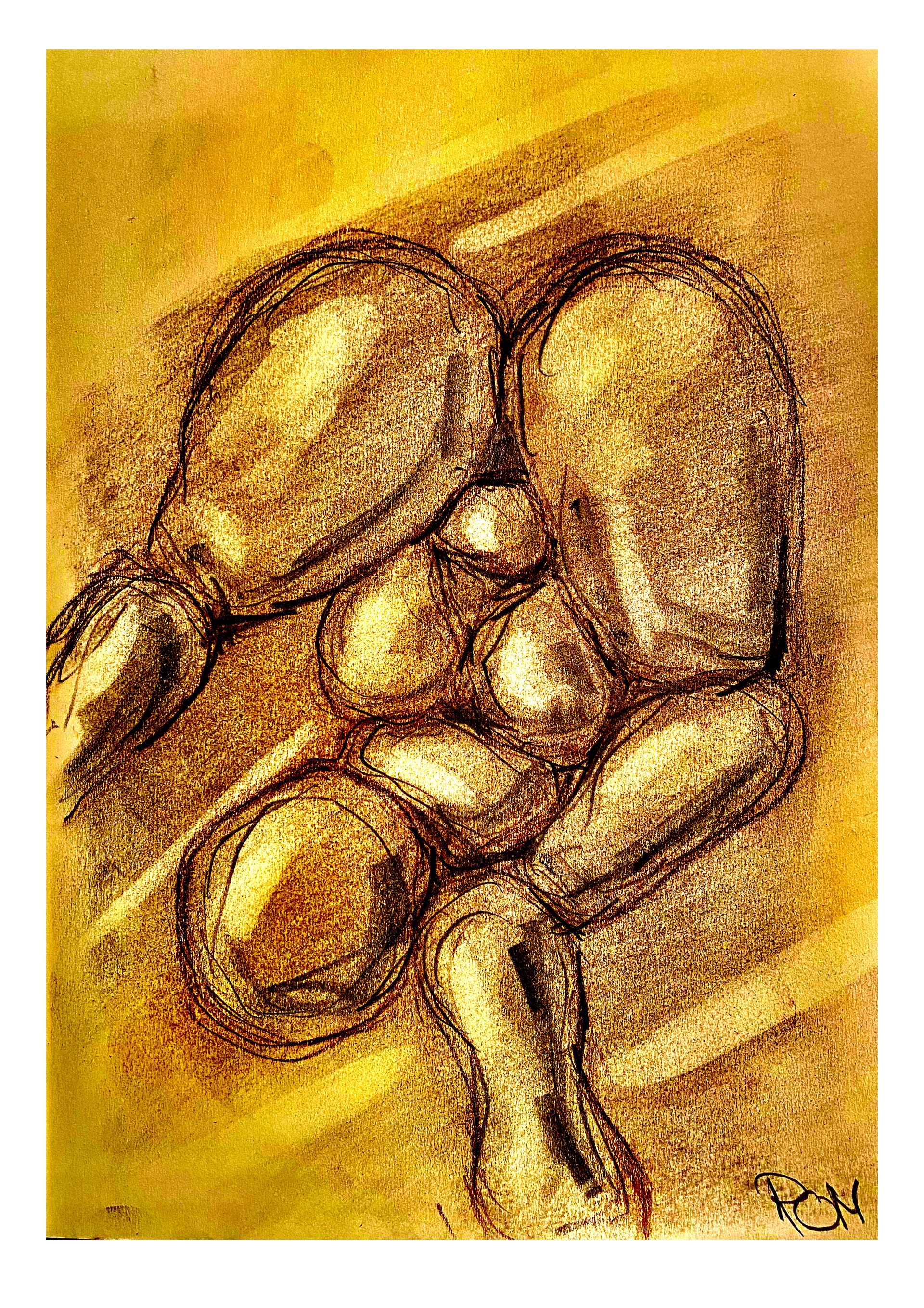 Abstract goudbruin schilderij van ineengestrengelde mensfiguren die elkaar in een intieme, nauwe houding omarmen.