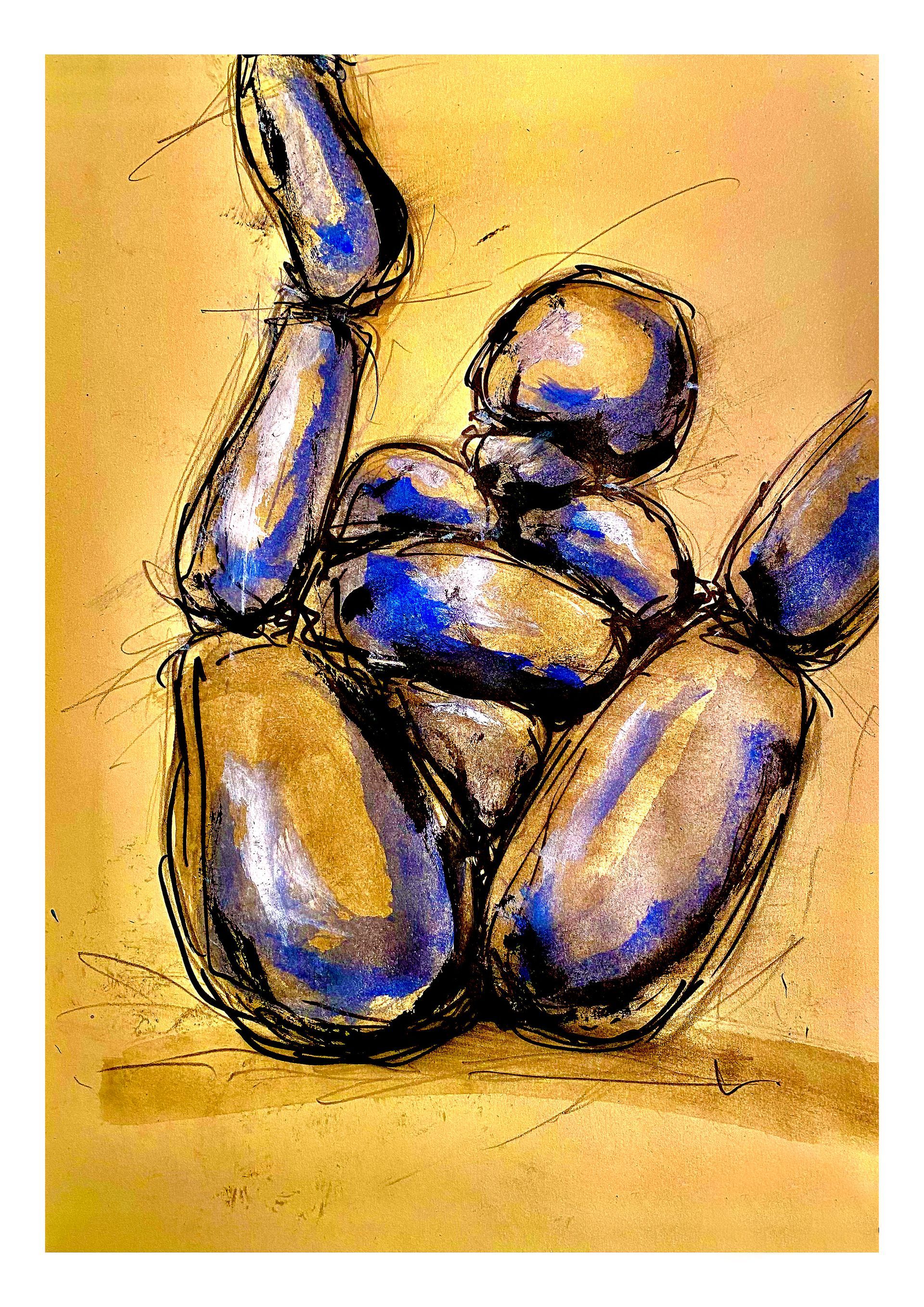 Abstracte schildering van glanzende blauwpaarse traanvormen op een warme gele achtergrond.