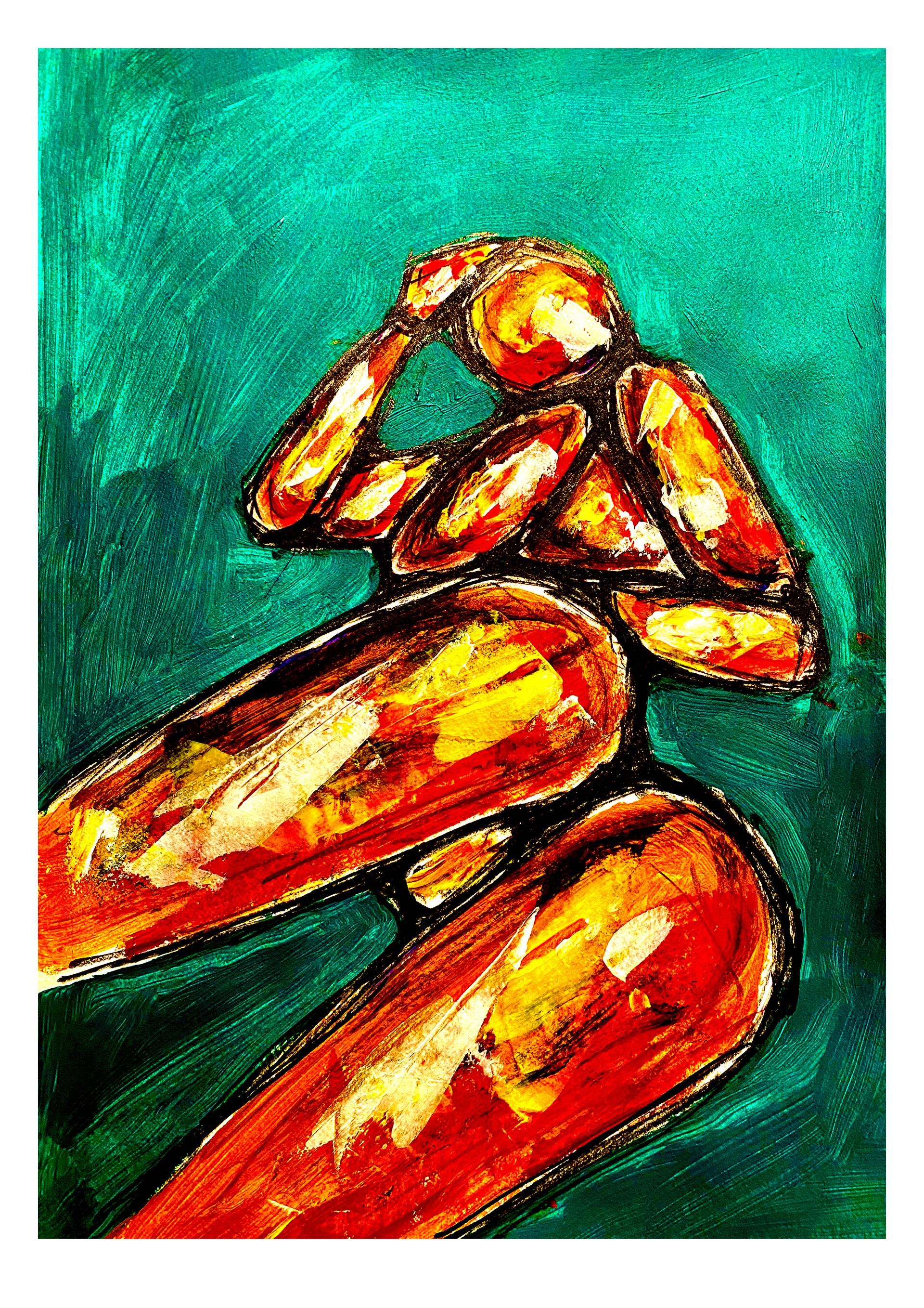 Abstract schilderij van een zittende menselijke figuur in warme oranje en gele tinten op een turquoise achtergrond.