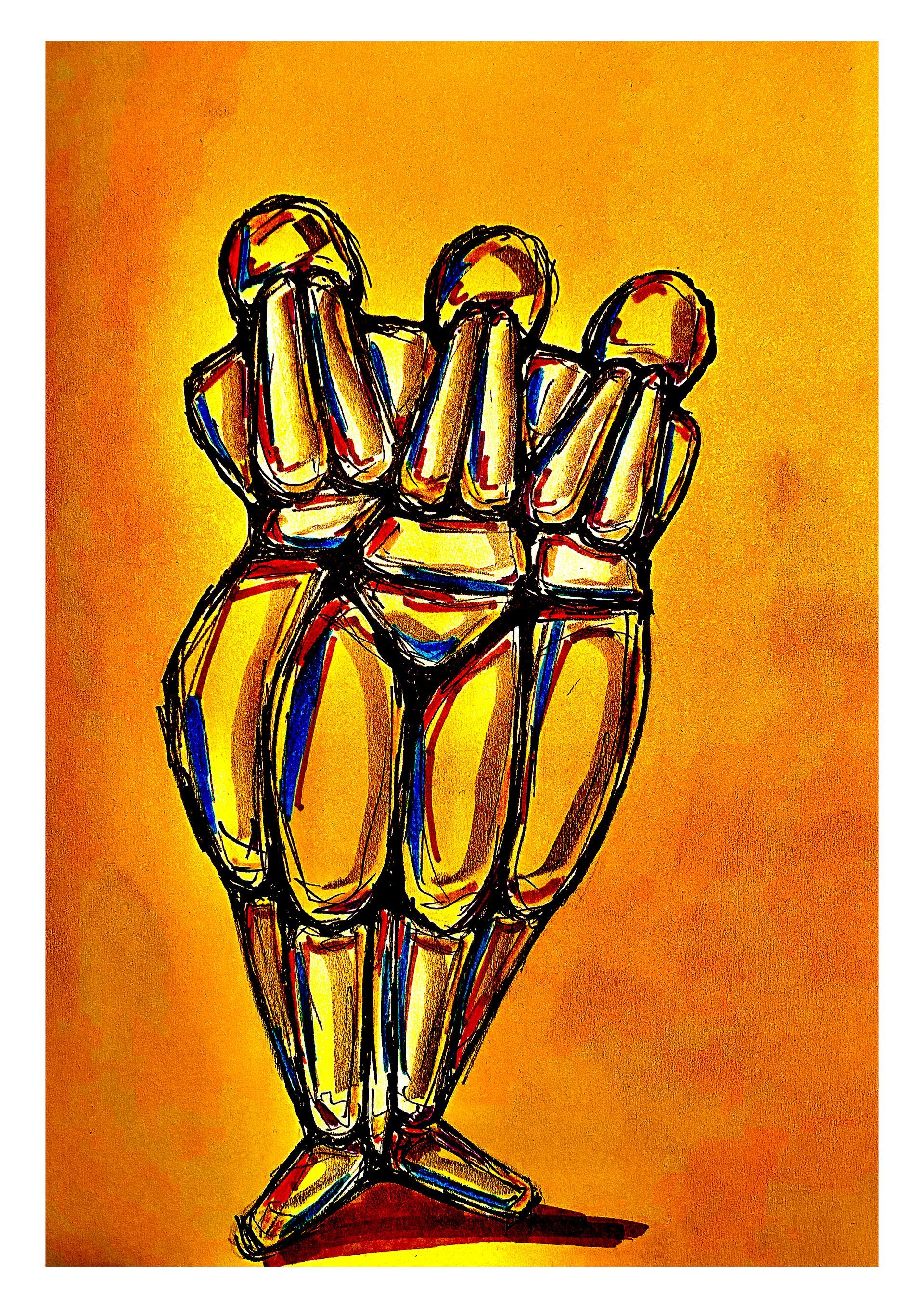 Drie abstracte mensfiguren in goud en zwart, dicht bij elkaar staand op een oranje achtergrond.