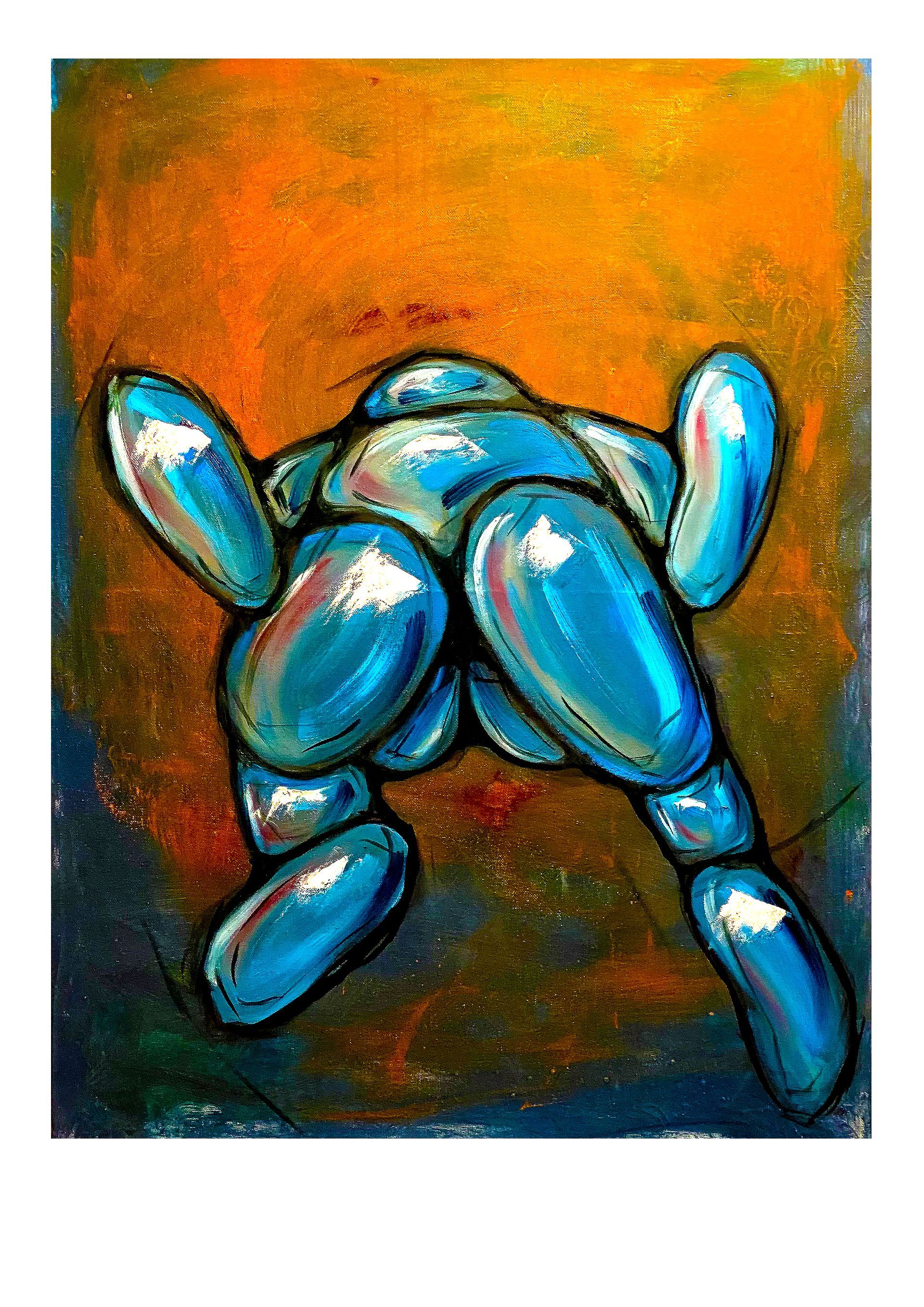 Een blauwe metallic ballonhond op een oranje achtergrond, van achteren gezien.
