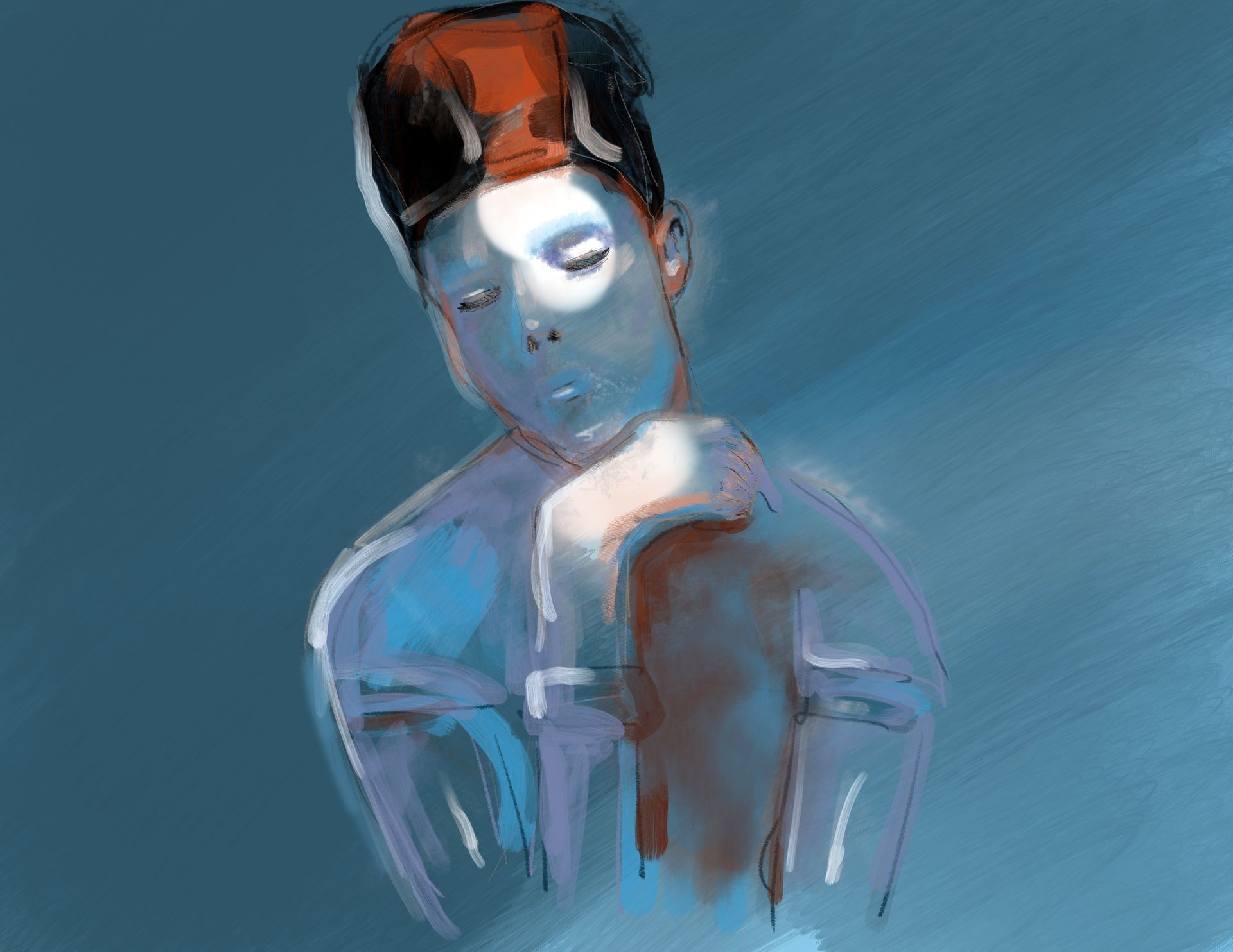 Gestileerd portret van een peinzende persoon met donker haar tegen een blauwe achtergrond.